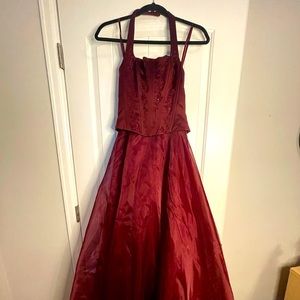 Michelangelo Bordeaux satin party dress with lace tie back, with scarf, size 2